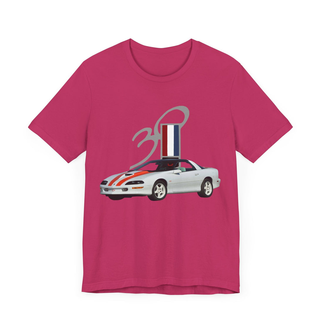 30th Anniversary Camaro Short Sleeve Tee, red design, featuring classic car graphic.