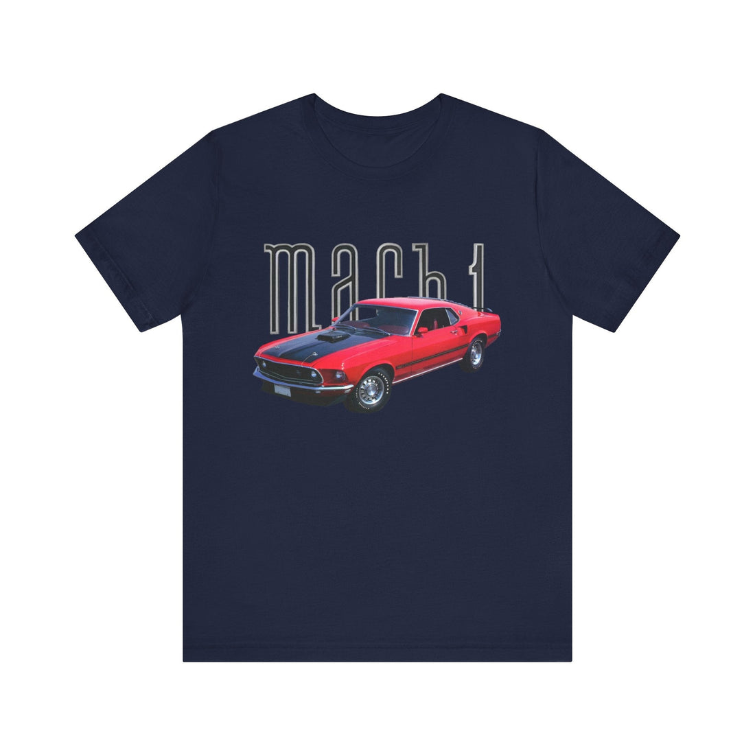 1969 Mustang Mach 1 Short Sleeve Tee with red car graphic on navy shirt.