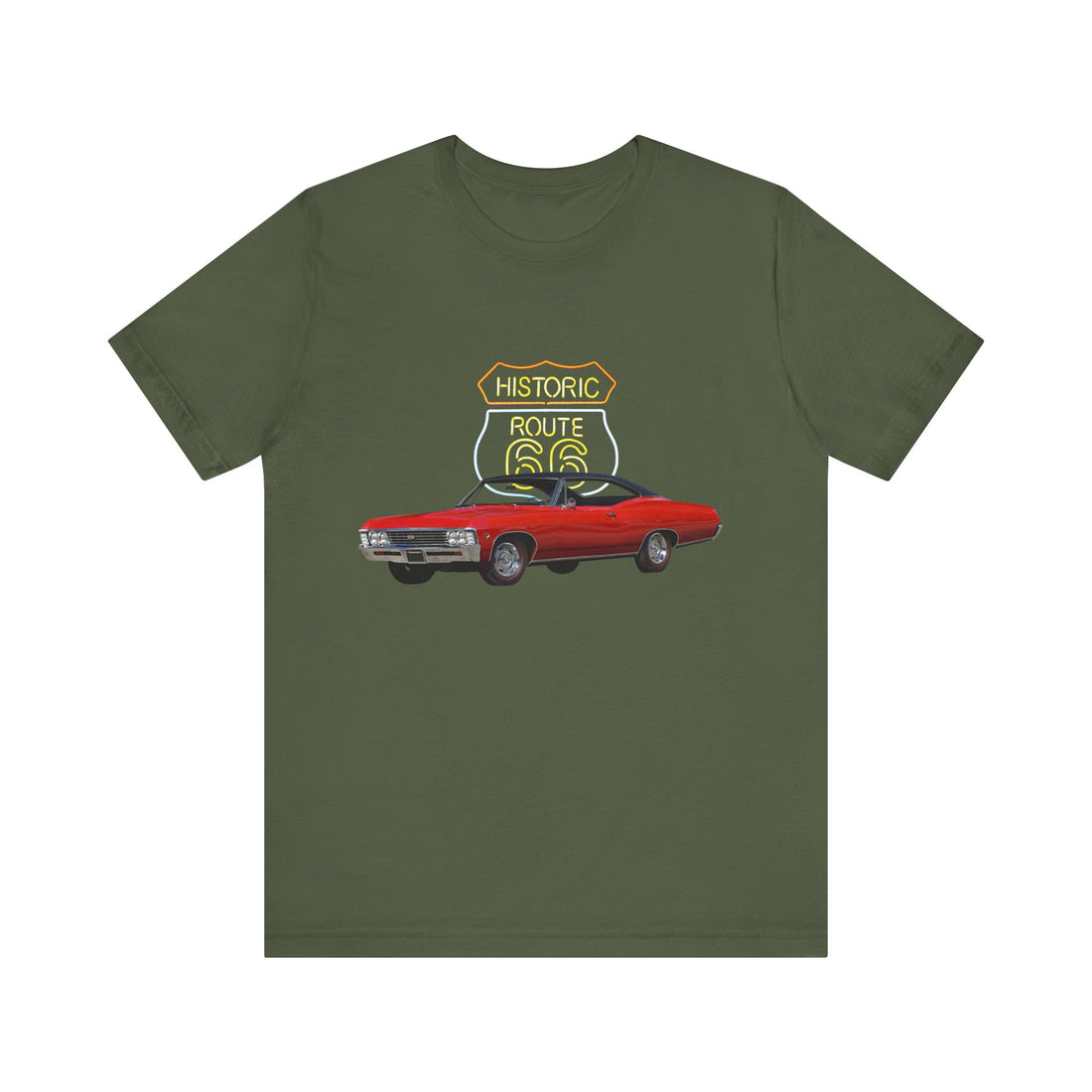 1967 Chevy Impala in our Route 66 in the dark series Short Sleeve T-Shirt