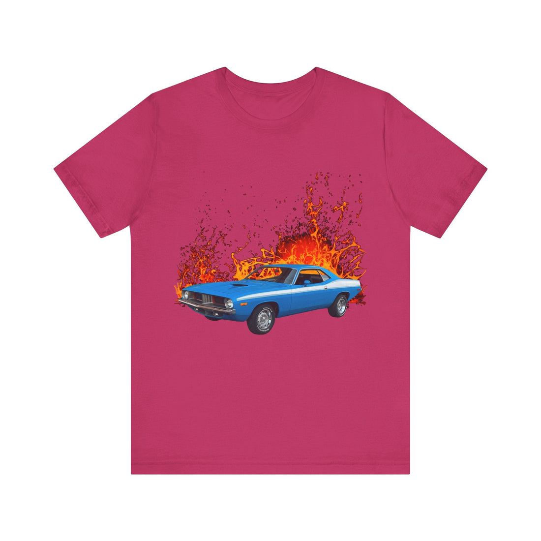 1974 Plymouth Barracuda lava series short sleeve tee with blue car and flame design.