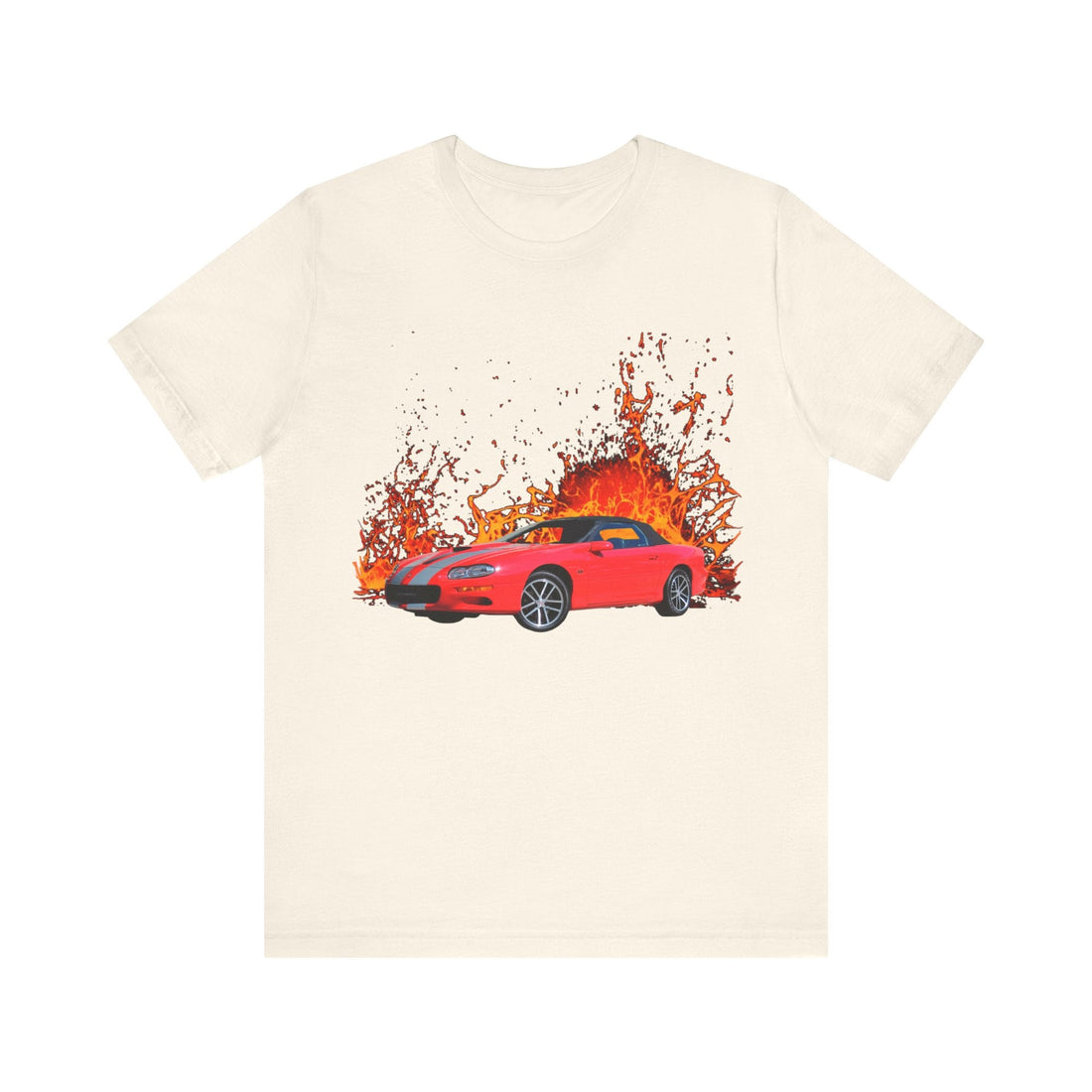 2002 Camaro SS 35th Anniversary lava series tee, red car with flames graphic.