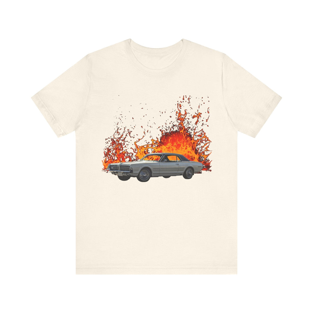 1967 Cougar XR7 lava series short sleeve tee with vibrant car and flame design.