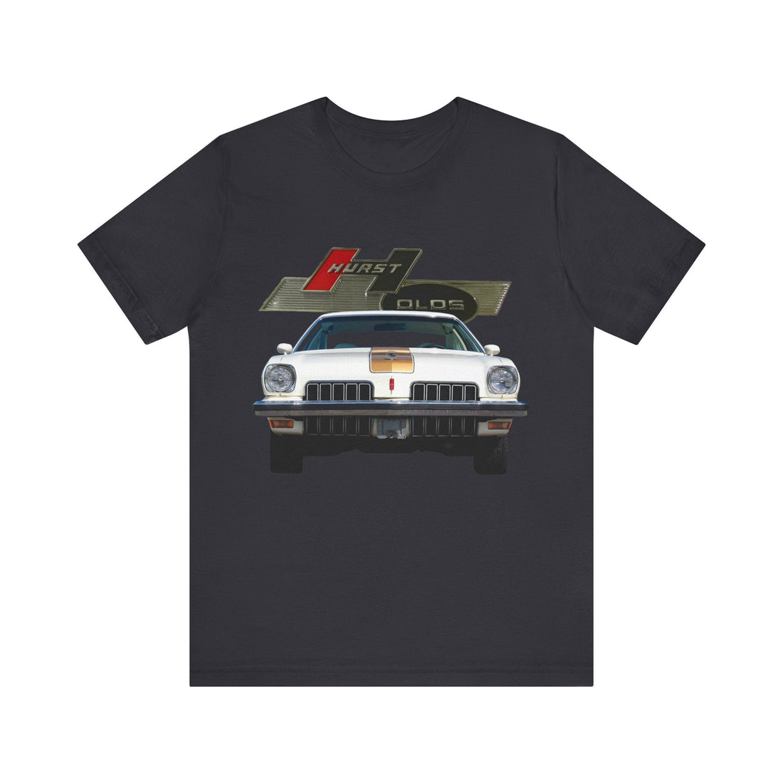 1973 Hurst Olds Cutlass 442 short sleeve tee featuring classic car design.