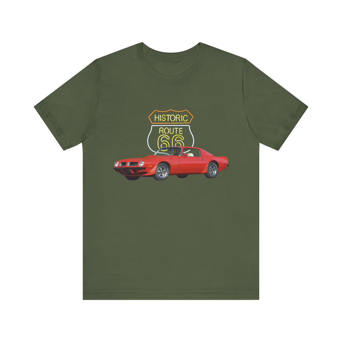 1974 Pontiac Firebird Trans AM in our Route 66 in the dark series Short Sleeve T-Shirt