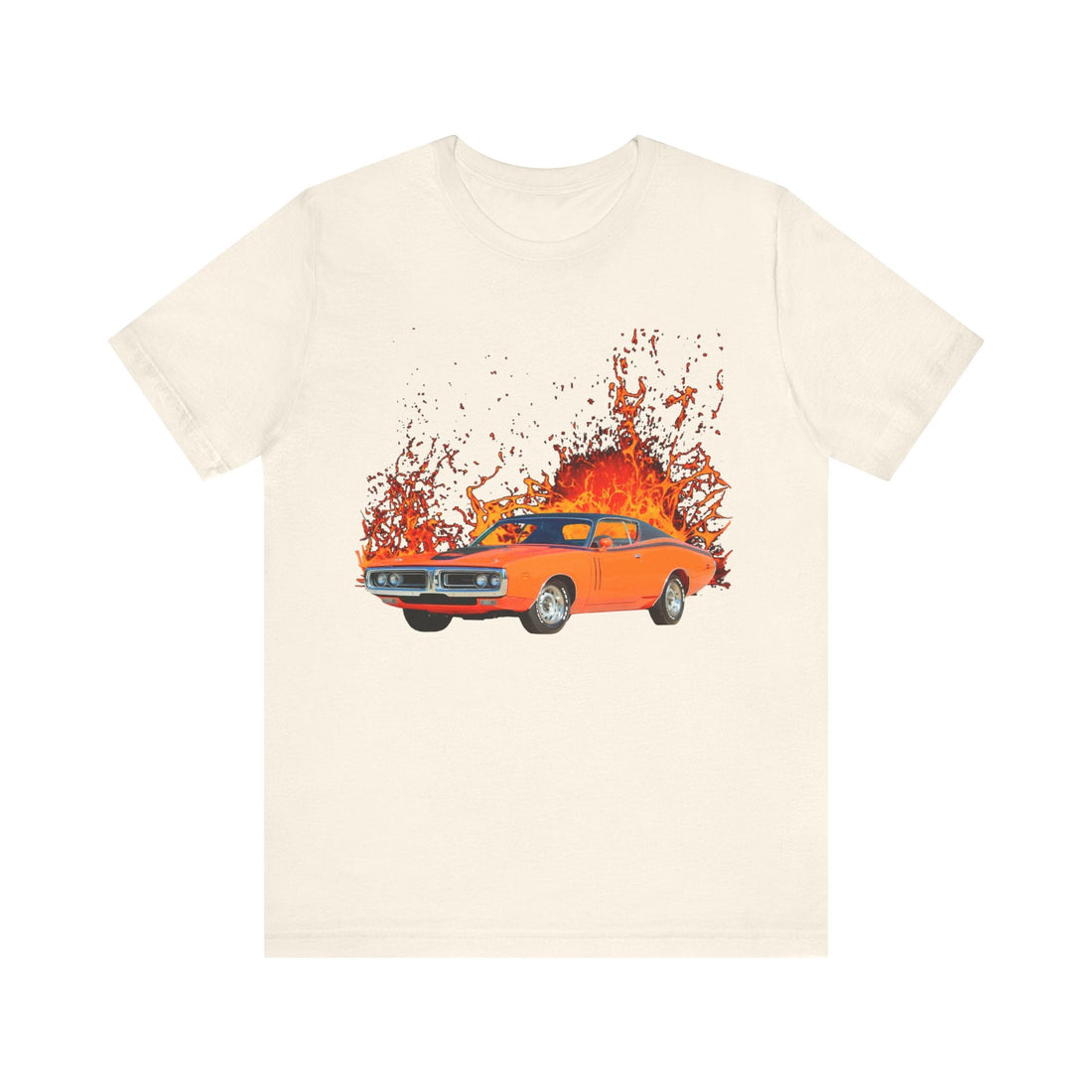 1971 Charger RT lava series short sleeve tee with fiery car design.