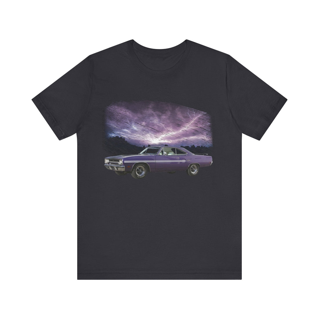 1970 GTX lightning series short sleeve tee with car graphic design on a soft cotton fabric.