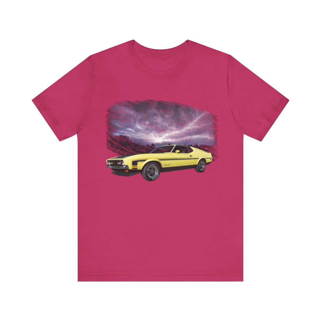 1971 Mustang lightning series short sleeve tee with yellow car and stormy sky design.