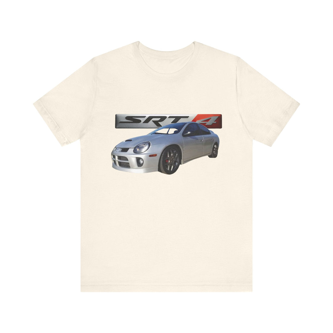 2003 Dodge Neon SRT4 short sleeve tee in cream with car graphic and SRT4 logo.