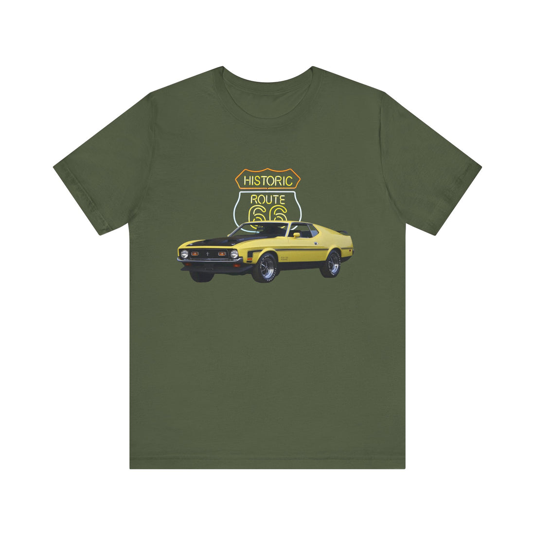 1971 Ford Boss Mustang in our Route 66 in the dark series Short Sleeve T-Shirt