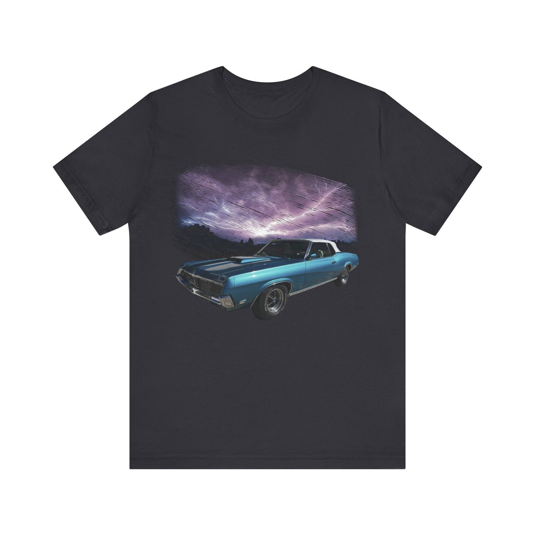 1969 Mercury Cougar lightning series short sleeve tee featuring blue car design on black shirt.
