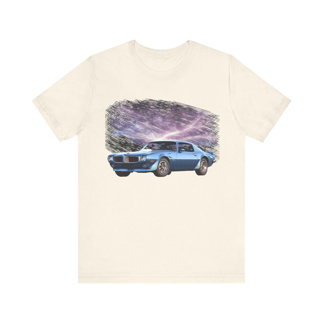 1970 Pontiac Trans AM lightning series short sleeve tee with blue car graphic design.