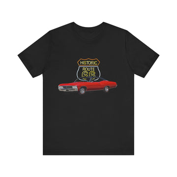 1967 Chevy Impala in our Route 66 in the dark series Short Sleeve T-Shirt