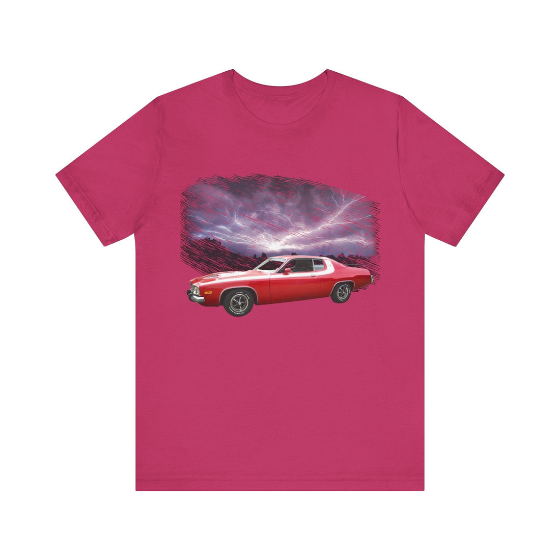1973 Road Runner lightning series short sleeve tee featuring red car graphic.