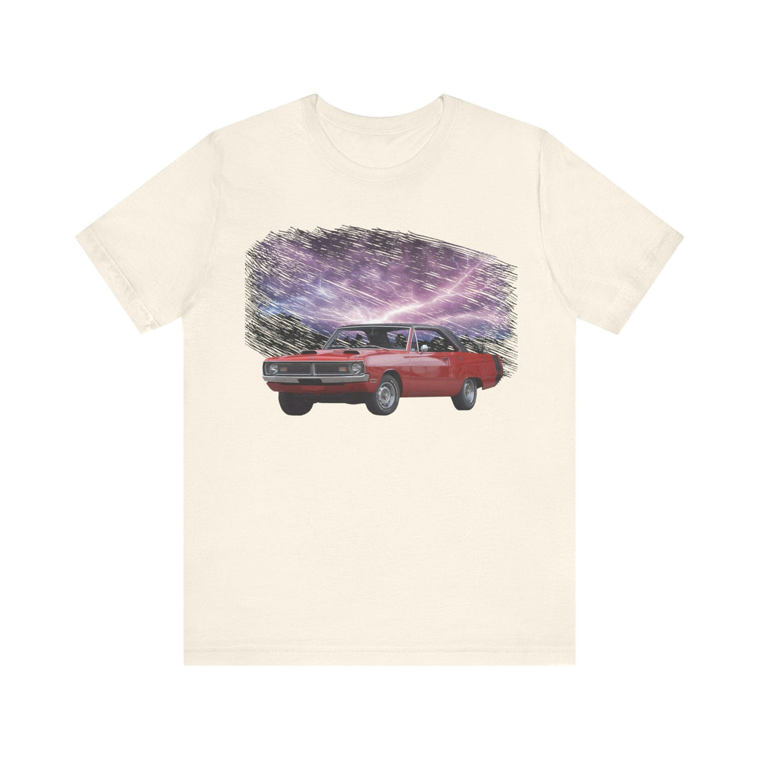 1970 Dart Swinger lightning series short sleeve tee in black with car graphic.
