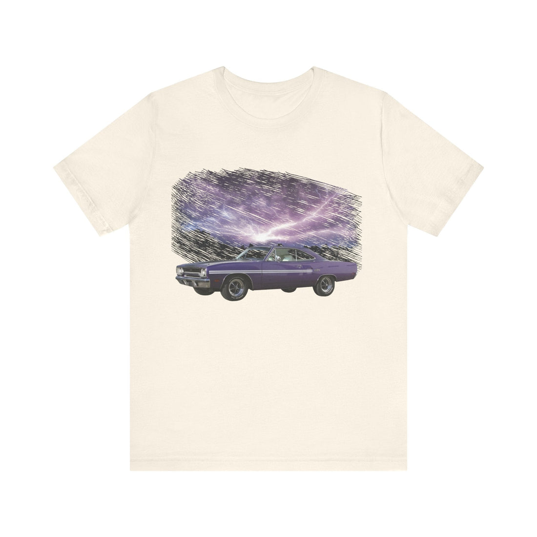 1970 GTX lightning series short sleeve tee with car graphic design on a soft cotton fabric.