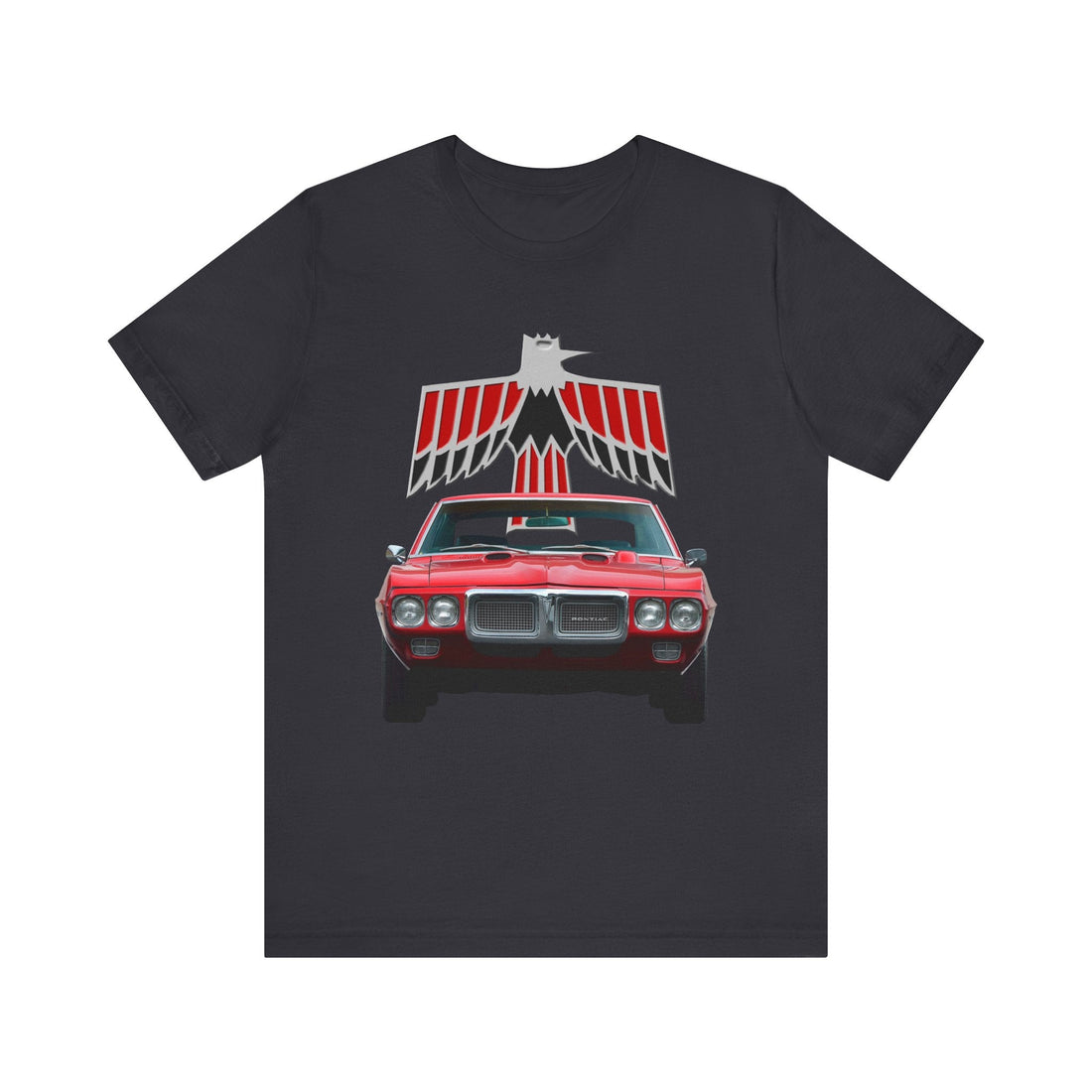 1969 Pontiac Firebird Short Sleeve T-Shirt with red car design and logo, soft cotton.