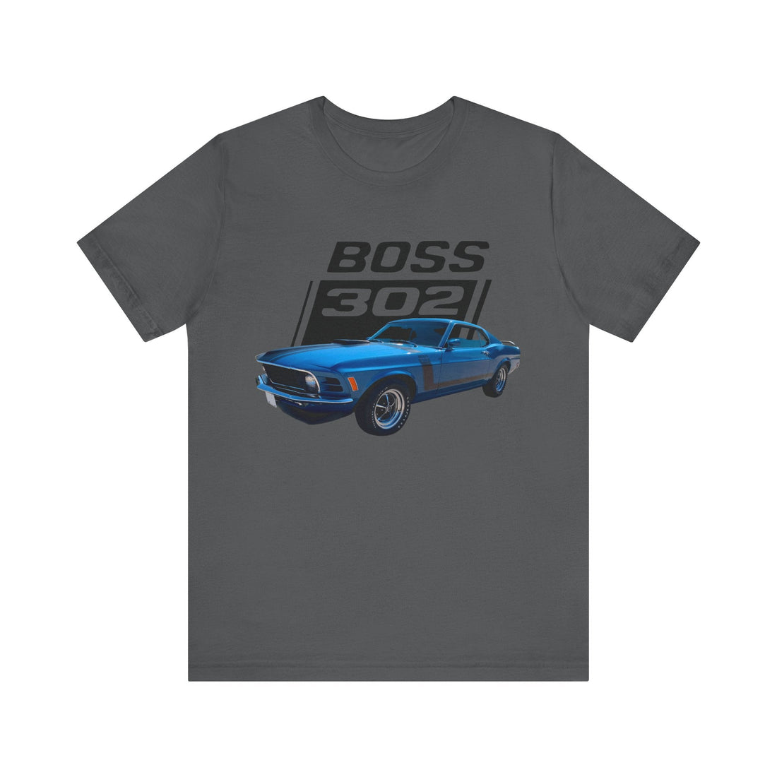Gray short sleeve tee with blue 1970 302 Mustang graphic design.