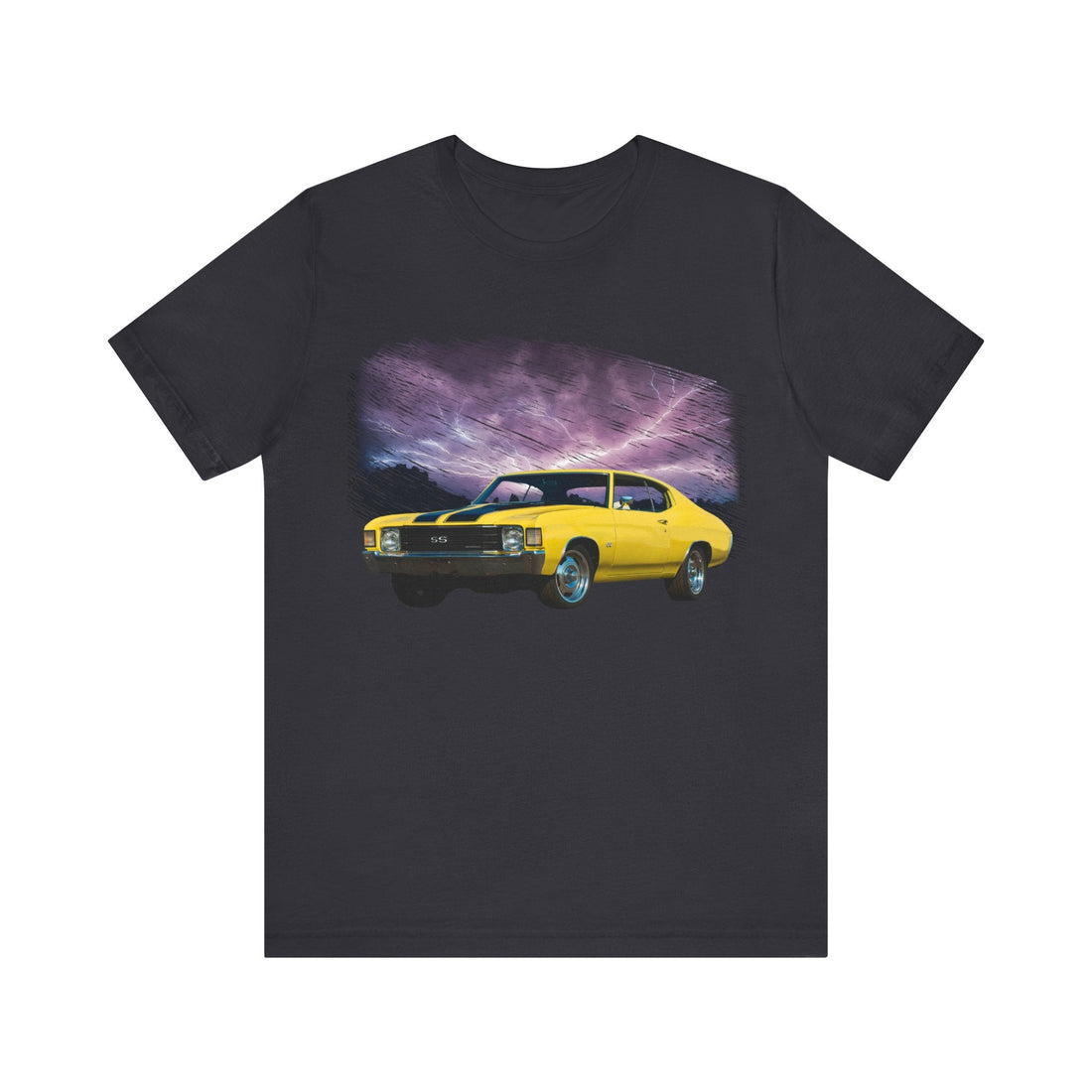 1972 Chevelle SS lightning series short sleeve tee with yellow car graphic.